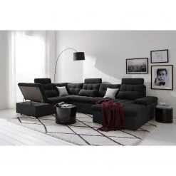 Fredriks Canapé panoramique Puntiro I - Tissu - Cuir synthétique Lilo / Tissu structuré Satur: Noit / Anthracite - Méridienne courte à droite / longue à gauche (vue de face) -Canapés Soldes Magasin 1000021539 210614 18401900084 MOOD DETAILS P000000001000021539 mood 1