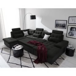 Fredriks Canapé panoramique Puntiro I - Tissu - Cuir synthétique Lilo / Tissu structuré Satur: Noit / Anthracite - Méridienne courte à droite / longue à gauche (vue de face) -Canapés Soldes Magasin 1000021539 210614 18401900085 MOOD DETAILS P000000001000021539 mood 1