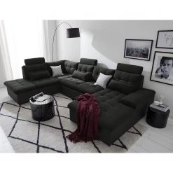 Fredriks Canapé panoramique Puntiro I - Tissu - Cuir synthétique Lilo / Tissu structuré Satur: Noit / Anthracite - Méridienne courte à droite / longue à gauche (vue de face) -Canapés Soldes Magasin 1000021539 210614 18402000093 DETAILS P000000001000021539 1