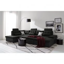 Fredriks Canapé panoramique Puntiro I - Tissu - Cuir synthétique Lilo / Tissu structuré Satur: Noit / Anthracite - Méridienne courte à droite / longue à gauche (vue de face) -Canapés Soldes Magasin 1000021539 210614 18402000094 DETAILS P000000001000021539 1