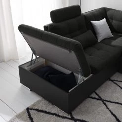 Fredriks Canapé panoramique Puntiro I - Tissu - Cuir synthétique Lilo / Tissu structuré Satur: Noit / Anthracite - Méridienne courte à droite / longue à gauche (vue de face) -Canapés Soldes Magasin 1000021539 210614 18402000095 DETAILS P000000001000021539 1