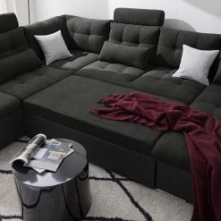 Fredriks Canapé panoramique Puntiro I - Tissu - Cuir synthétique Lilo / Tissu structuré Satur: Noit / Anthracite - Méridienne courte à droite / longue à gauche (vue de face) -Canapés Soldes Magasin 1000021539 210614 18402000096 DETAILS P000000001000021539 1