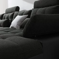 Fredriks Canapé panoramique Puntiro I - Tissu - Cuir synthétique Lilo / Tissu structuré Satur: Noit / Anthracite - Méridienne courte à droite / longue à gauche (vue de face) -Canapés Soldes Magasin 1000021539 210614 18402000100 DETAILS P000000001000021539 1