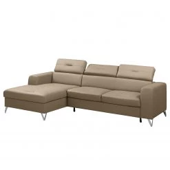 Fredriks Canapé d’angle Lucena - Cuir véritable - Taupe - Méridienne courte à gauche (vue de face) - Coffre de lit - Fonction couchage