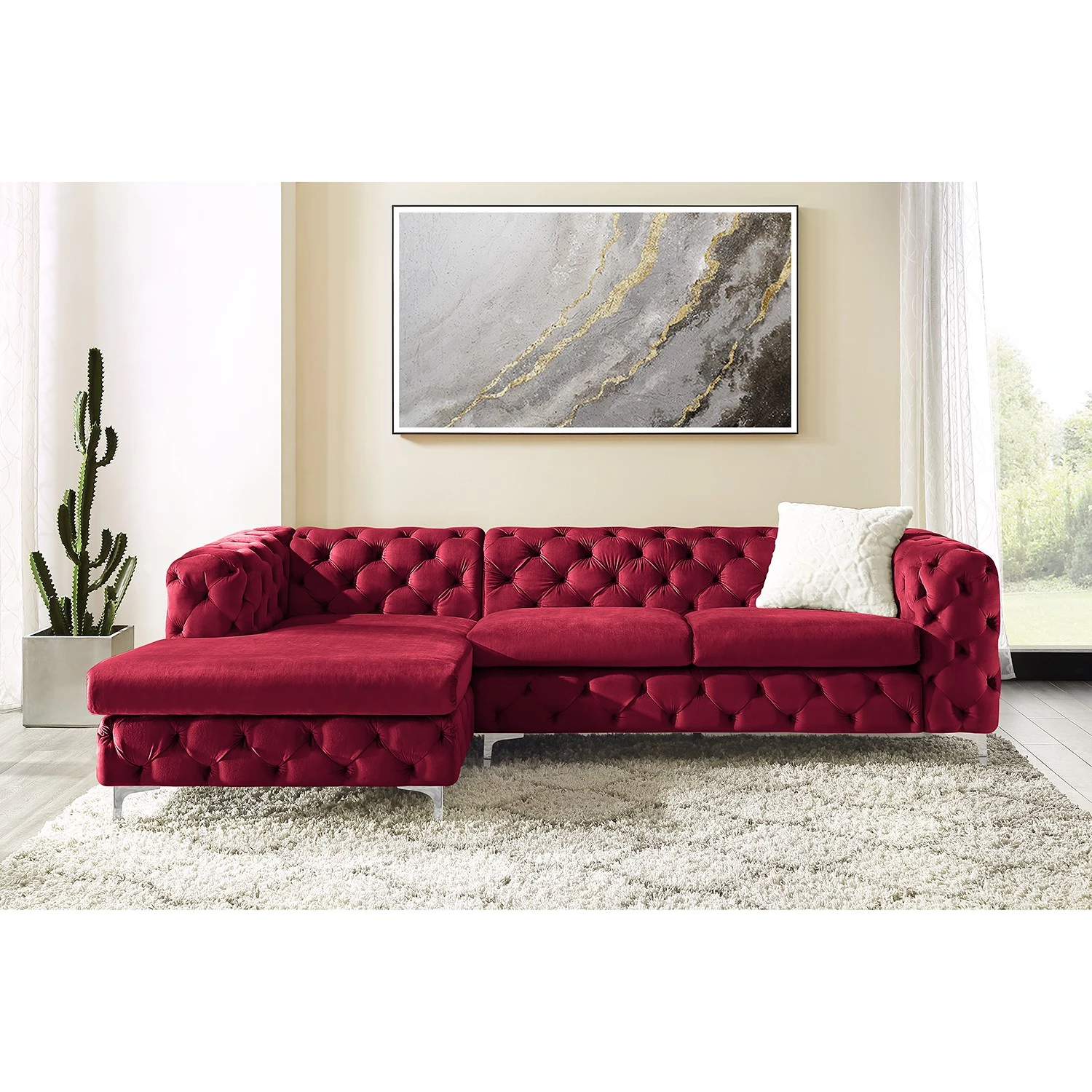 Jack & Alice Canapé d’angle Leominster - Velours - Bordeaux - Méridienne longue à gauche (vue de face) 3 Jack & Alice Canapé d’angle Leominster - Velours - Bordeaux - Méridienne longue à gauche (vue de face) – Image 3