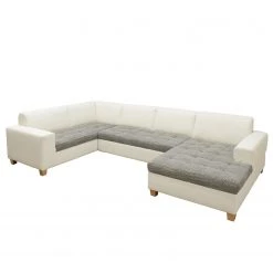 Ars Natura Canapé panoramique Roblin II - Tissu structuré / Imitation cuir - Gris / Blanc - Méridienne courte à droite (vue de face) - Fonction couchage - Coffre de lit