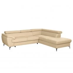 Loftscape Canapé d’angle Martinez - Cuir véritable / Imitation cuir - Beige chaud - Méridienne longue à droite (vue de face) - Fonction couchage - Coffre de lit