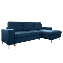 Fredriks Canapé d'angle Fiesta I - Tissu structuré - Bleu jean - Méridienne courte à droite (vue de face) - Avec fonction couchage
