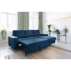 Fredriks Canapé d'angle Fiesta I - Tissu structuré - Bleu jean - Méridienne courte à droite (vue de face) - Avec fonction couchage -Canapés Soldes Magasin 1000198227 201210 09574500005 MOOD DETAILS P000000001000198227 mood