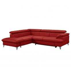 Fredriks Canapé d’angle Coto I - Cuir véritable - Rouge cerise - Méridienne longue à gauche (vue de face) - Fonction couchage - Coffre de lit