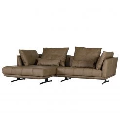 Naturoo Canapé d’angle Ruona - Cuir véritable - Noix de muscade - Méridienne longue à gauche (vue de face)