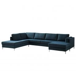 Studio Copenhagen Canapé panoramique COSO Classic+ - Tissu Chenille Rufi: Bleu - Méridienne courte à droite / longue à gauche (vue de face) - Coffre de lit - Chrome brillant