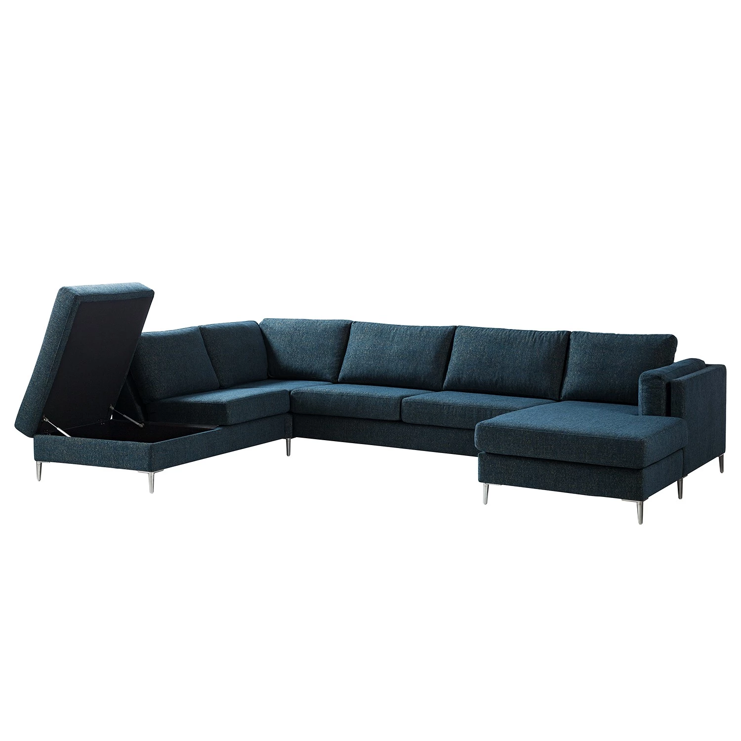 Studio Copenhagen Canapé panoramique COSO Classic+ - Tissu Chenille Rufi: Bleu - Méridienne courte à droite / longue à gauche (vue de face) - Coffre de lit - Chrome brillant 5 Studio Copenhagen Canapé panoramique COSO Classic+ - Tissu Chenille Rufi: Bleu - Méridienne courte à droite / longue à gauche (vue de face) - Coffre de lit - Chrome brillant – Image 5