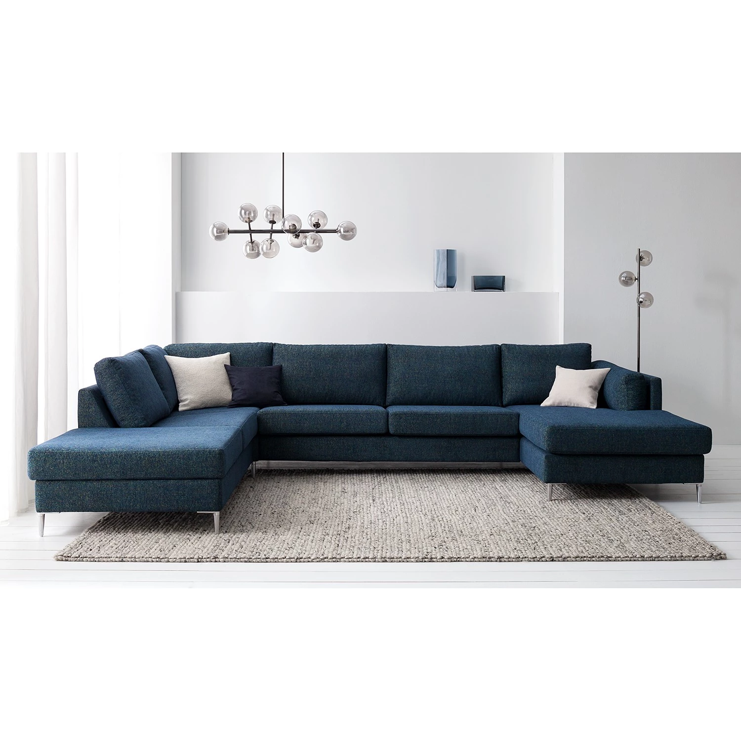 Studio Copenhagen Canapé panoramique COSO Classic+ - Tissu Chenille Rufi: Bleu - Méridienne courte à droite / longue à gauche (vue de face) - Coffre de lit - Chrome brillant 3 Studio Copenhagen Canapé panoramique COSO Classic+ - Tissu Chenille Rufi: Bleu - Méridienne courte à droite / longue à gauche (vue de face) - Coffre de lit - Chrome brillant – Image 3