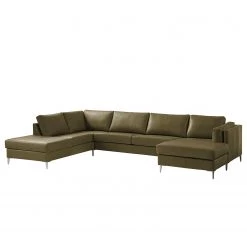 Studio Copenhagen Canapé panoramique COSO Classic+ - Cuir véritable Taru : Vert olive - Méridienne courte à droite / longue à gauche (vue de face) - Coffre de lit - Chrome brillant