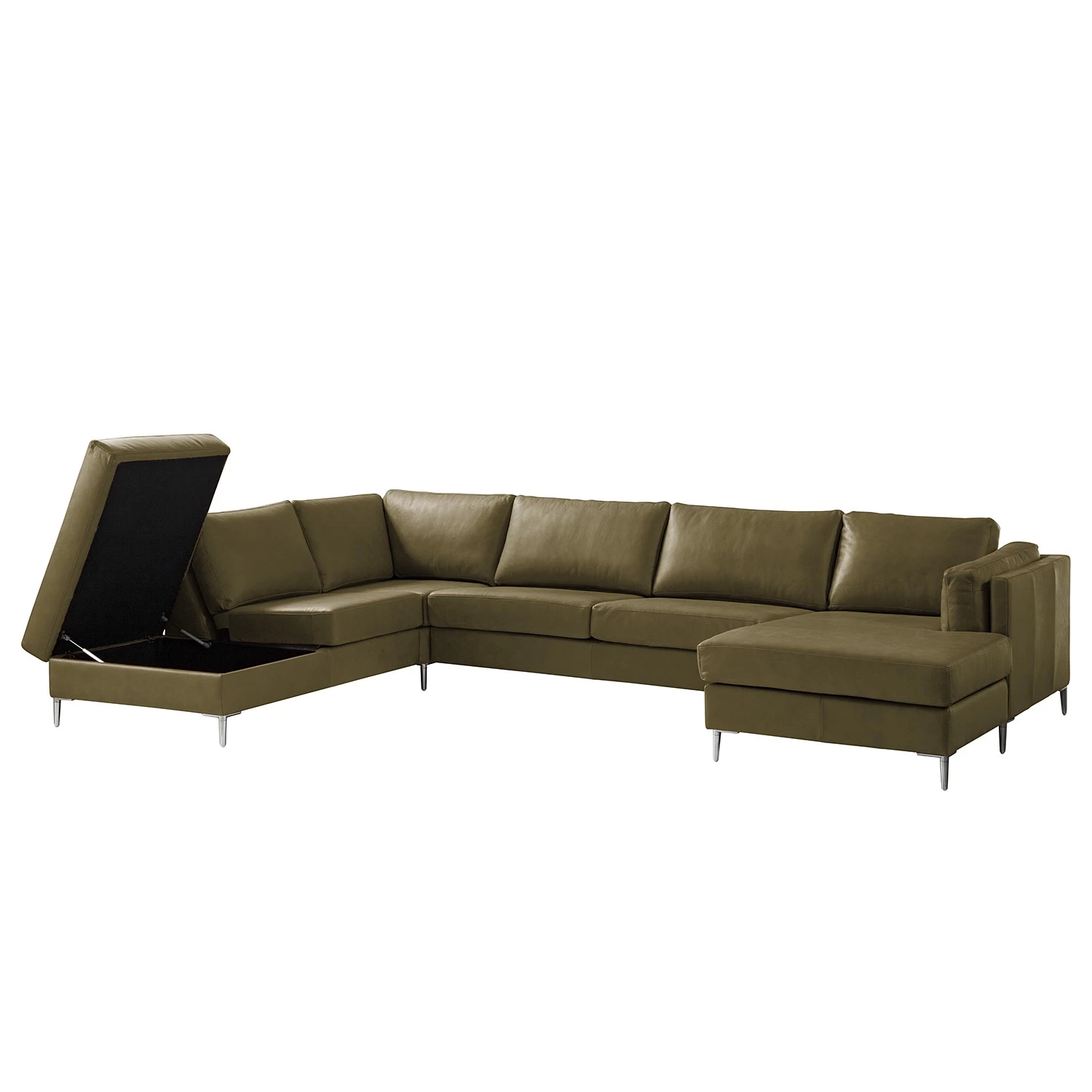 Studio Copenhagen Canapé panoramique COSO Classic+ - Cuir véritable Taru : Vert olive - Méridienne courte à droite / longue à gauche (vue de face) - Coffre de lit - Chrome brillant 5 Studio Copenhagen Canapé panoramique COSO Classic+ - Cuir véritable Taru : Vert olive - Méridienne courte à droite / longue à gauche (vue de face) - Coffre de lit - Chrome brillant – Image 5