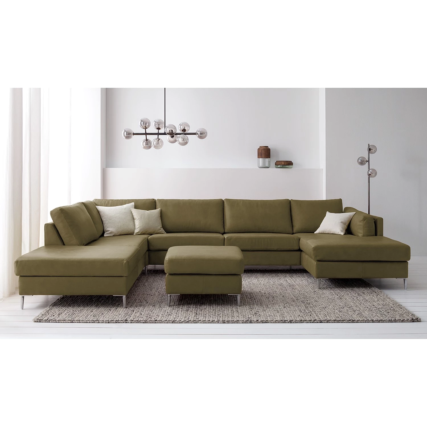 Studio Copenhagen Canapé panoramique COSO Classic+ - Cuir véritable Taru : Vert olive - Méridienne courte à droite / longue à gauche (vue de face) - Coffre de lit - Chrome brillant 4 Studio Copenhagen Canapé panoramique COSO Classic+ - Cuir véritable Taru : Vert olive - Méridienne courte à droite / longue à gauche (vue de face) - Coffre de lit - Chrome brillant – Image 4