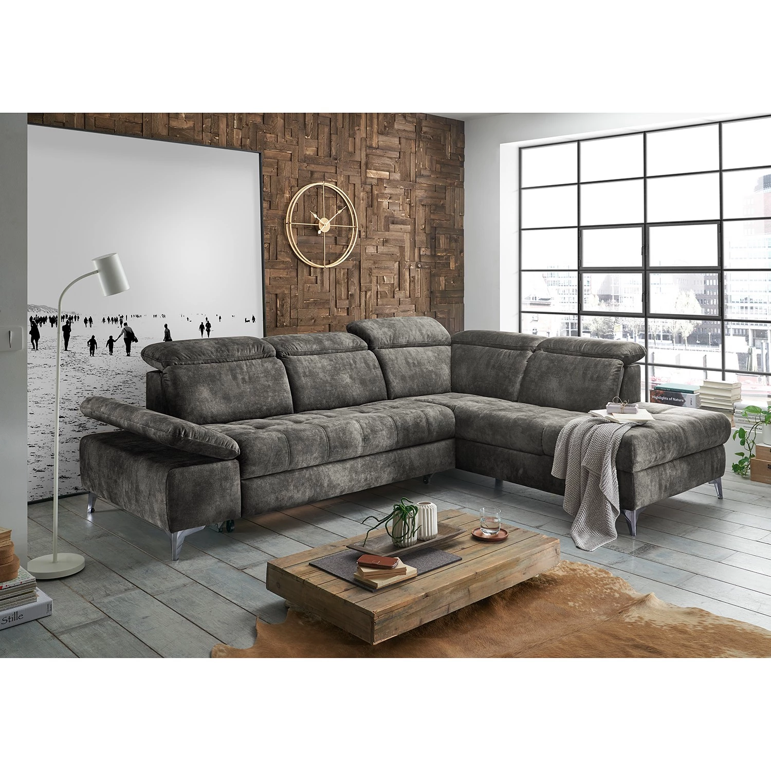 Loftscape Canapé d’angle Groslay - Velours - Velours Insa: Gris - Méridienne longue à droite (vue de face) 2 Loftscape Canapé d’angle Groslay - Velours - Velours Insa: Gris - Méridienne longue à droite (vue de face) – Image 2