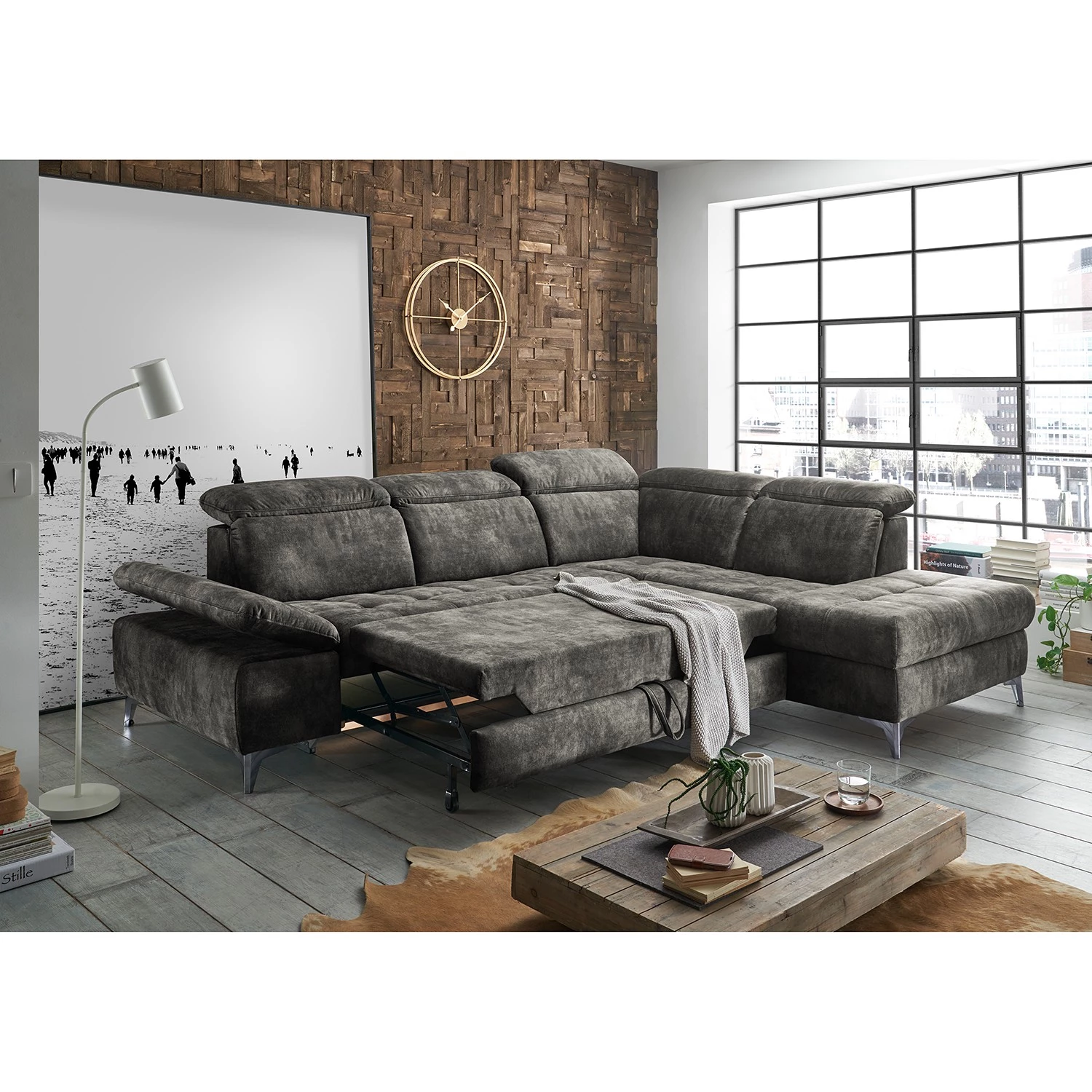 Loftscape Canapé d’angle Groslay - Velours - Velours Insa: Gris - Méridienne longue à droite (vue de face) 3 Loftscape Canapé d’angle Groslay - Velours - Velours Insa: Gris - Méridienne longue à droite (vue de face) – Image 3