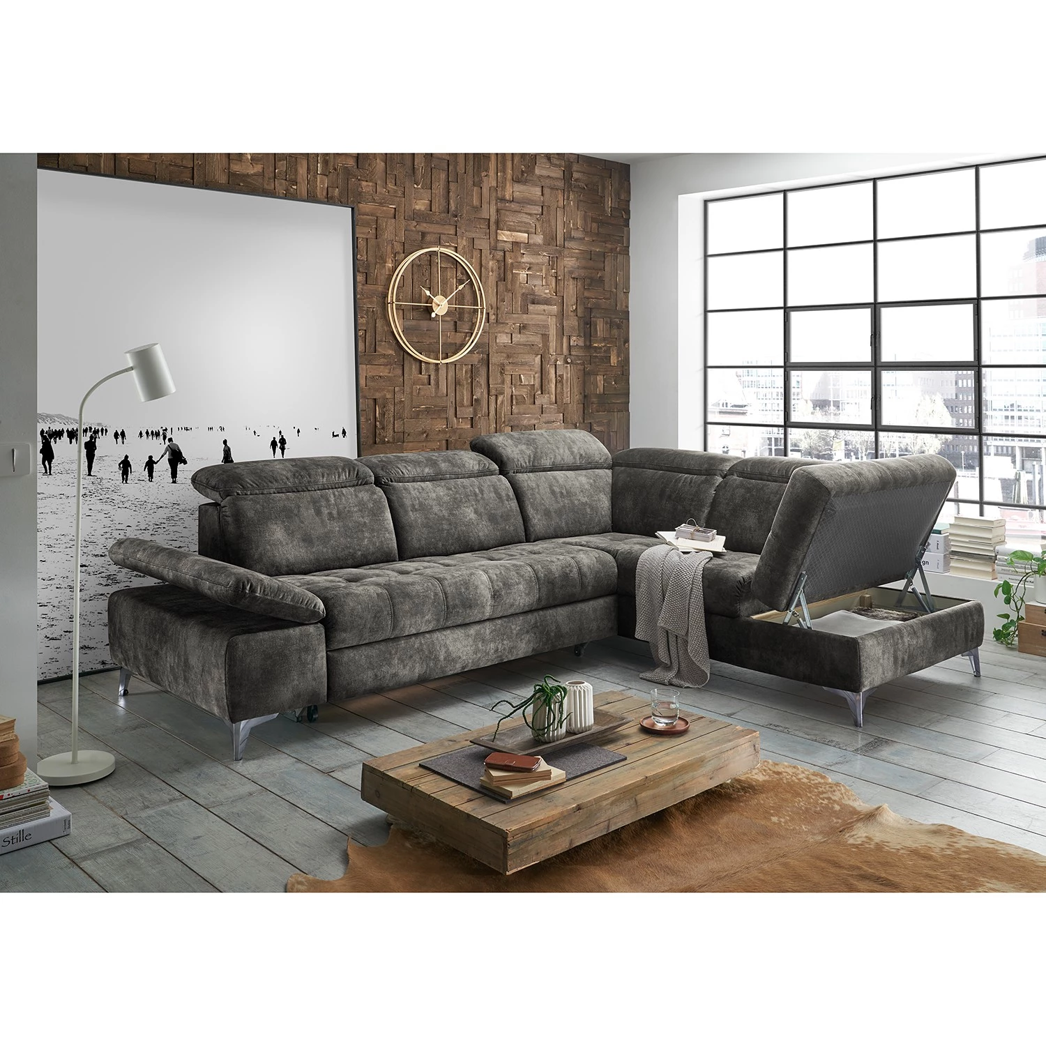 Loftscape Canapé d’angle Groslay - Velours - Velours Insa: Gris - Méridienne longue à droite (vue de face) 4 Loftscape Canapé d’angle Groslay - Velours - Velours Insa: Gris - Méridienne longue à droite (vue de face) – Image 4