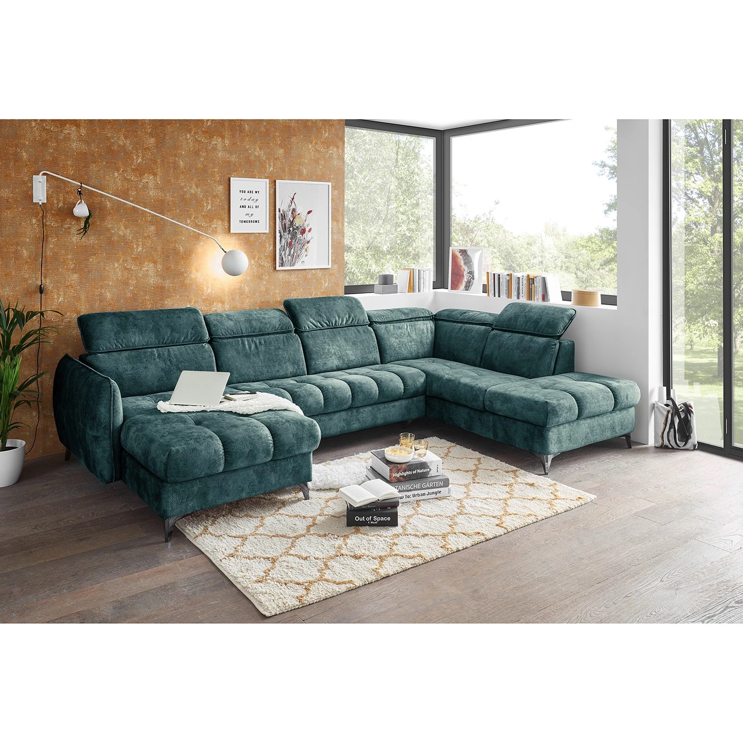 Loftscape Canapé panoramique Grillon - Velours - Velours Insa: Bleu fumée - Méridienne courte à gauche / longue à droite (vue de face) 2 Loftscape Canapé panoramique Grillon - Velours - Velours Insa: Bleu fumée - Méridienne courte à gauche / longue à droite (vue de face) – Image 2