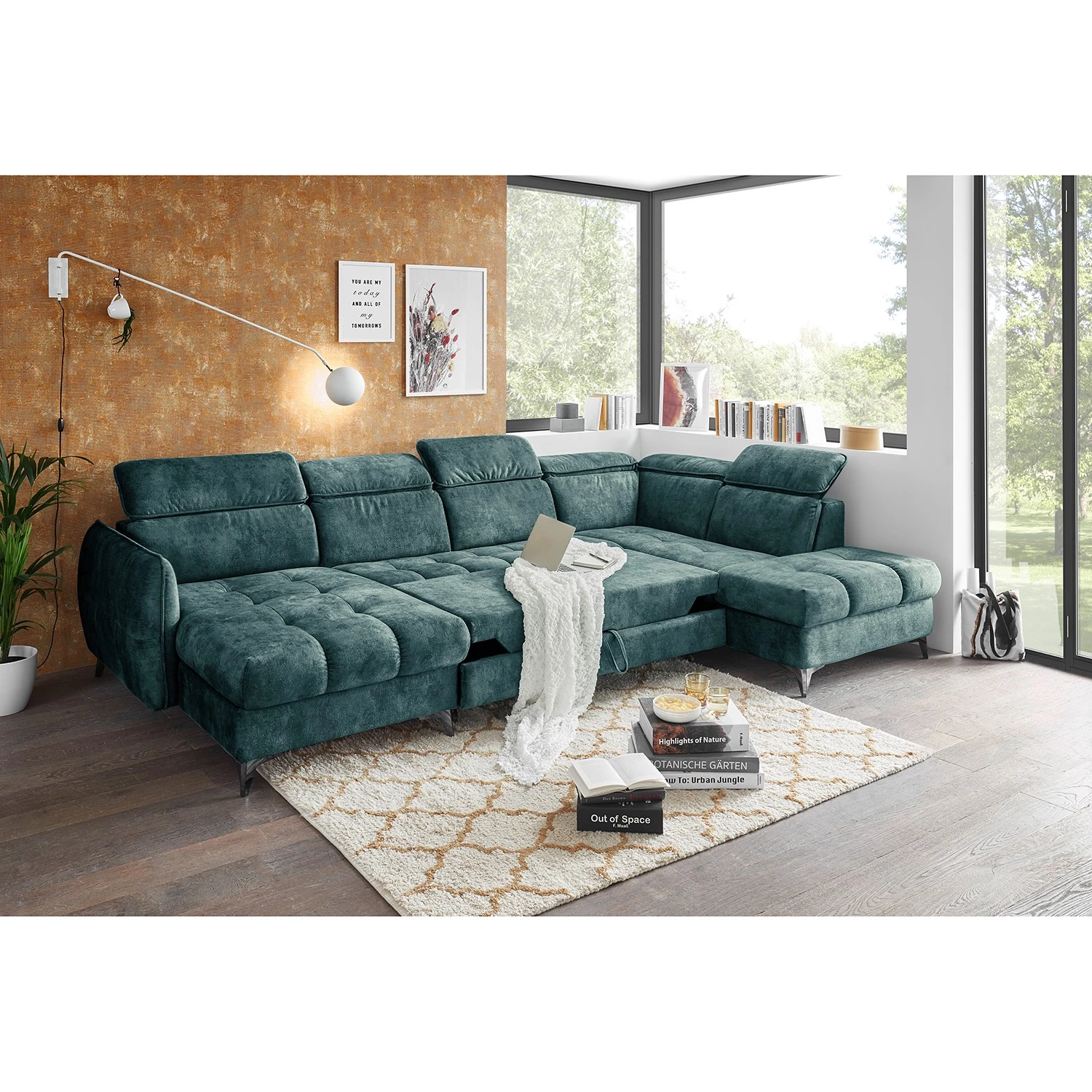 Loftscape Canapé panoramique Grillon - Velours - Velours Insa: Bleu fumée - Méridienne courte à gauche / longue à droite (vue de face) 3 Loftscape Canapé panoramique Grillon - Velours - Velours Insa: Bleu fumée - Méridienne courte à gauche / longue à droite (vue de face) – Image 3