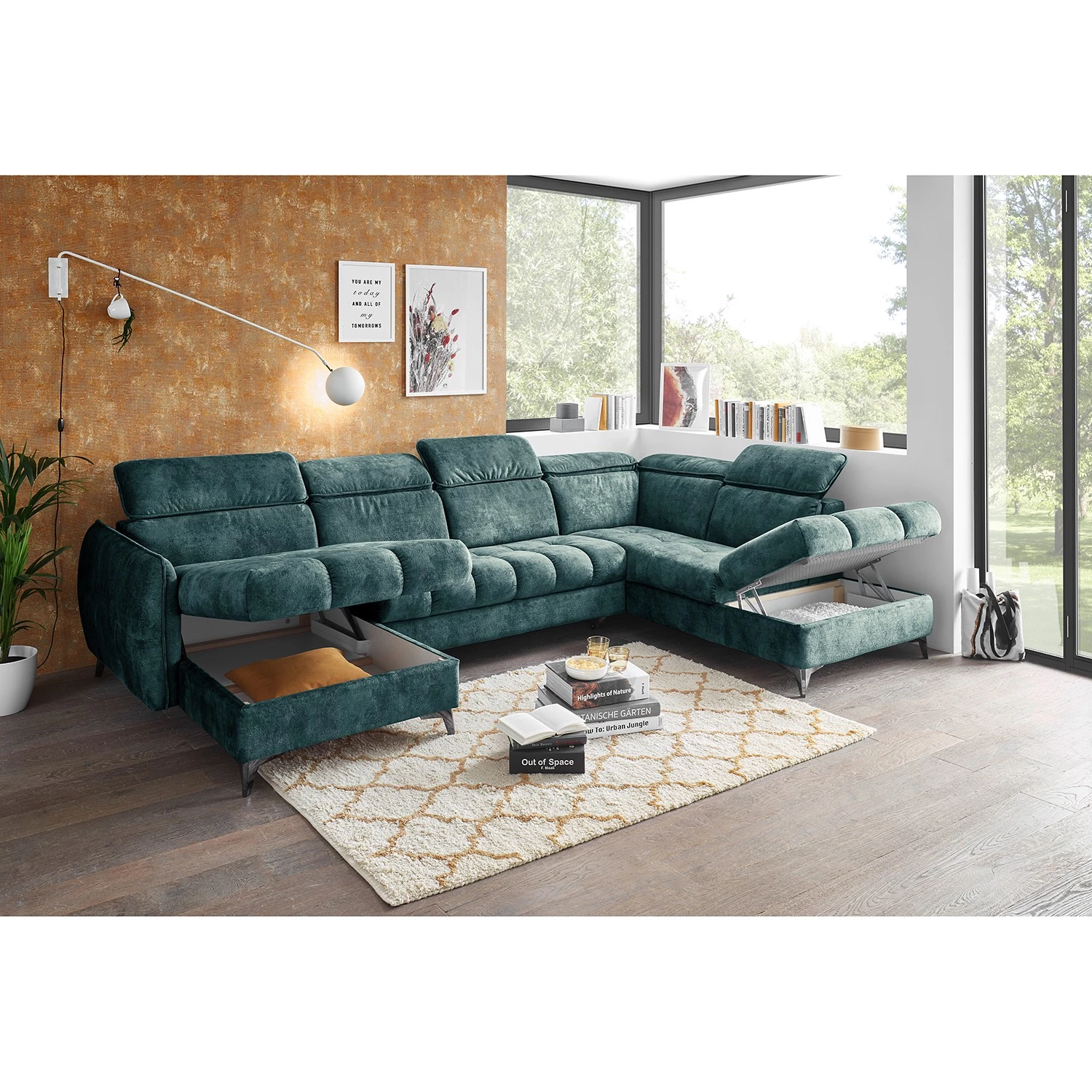 Loftscape Canapé panoramique Grillon - Velours - Velours Insa: Bleu fumée - Méridienne courte à gauche / longue à droite (vue de face) 4 Loftscape Canapé panoramique Grillon - Velours - Velours Insa: Bleu fumée - Méridienne courte à gauche / longue à droite (vue de face) – Image 4