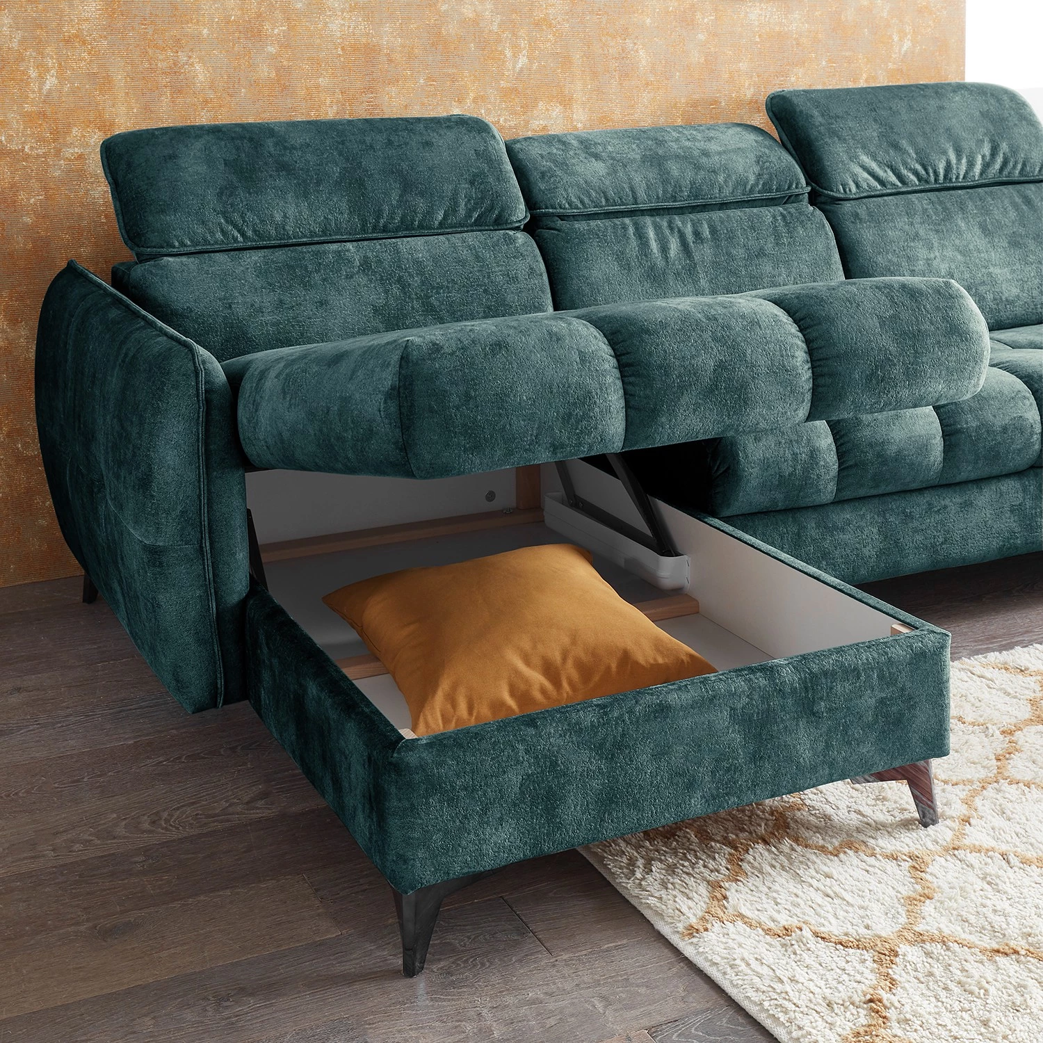 Loftscape Canapé panoramique Grillon - Velours - Velours Insa: Bleu fumée - Méridienne courte à gauche / longue à droite (vue de face) 9 Loftscape Canapé panoramique Grillon - Velours - Velours Insa: Bleu fumée - Méridienne courte à gauche / longue à droite (vue de face) – Image 9