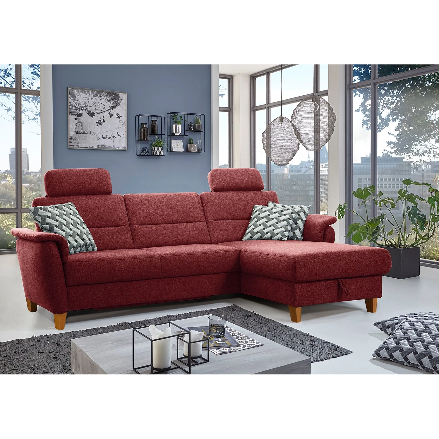 Loftscape Canapé d’angle Baulon I - Tissage à plat - Tissu Ama: Bordeaux - Méridienne courte à droite (vue de face) - Avec fonction couchage 2 Loftscape Canapé d’angle Baulon I - Tissage à plat - Tissu Ama: Bordeaux - Méridienne courte à droite (vue de face) - Avec fonction couchage – Image 2