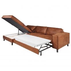 Ars manufacti Canapé d’angle FORT DODGE - Aspect cuir vieilli - Microfibre Yaka: Cognac - Méridienne courte à gauche (vue de face) - Avec fonction couchage -Canapés Soldes Magasin 1000254513 210330 06272000099 DETAILS P000000001000254513