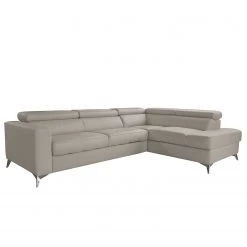 Loftscape Canapé d’angle Adamo - Cuir véritable / Imitation cuir - Cuir Mabel: Gris clair - Méridienne longue à droite (vue de face) - Avec fonction couchage