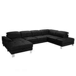 Loftscape Canapé panoramique Bussy - Cuir véritable - Cuir Moja: Noir - Méridienne courte à gauche / longue à droite (vue de face) - Sans fonction couchage