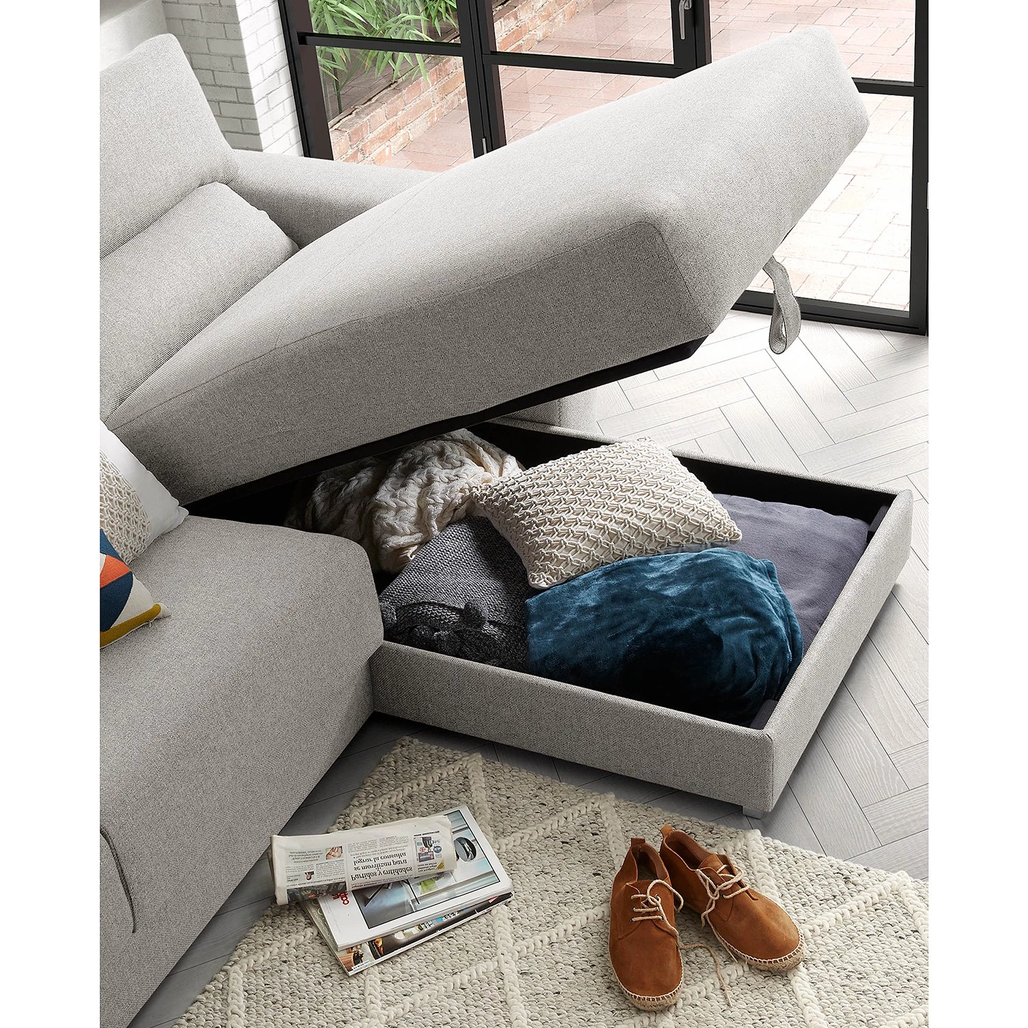 Loftscape Canapé d’angle Karrum - Chenille - Tissu Chenille Chaja: Gris clair - Méridienne longue à droite (vue de face) 5 Loftscape Canapé d’angle Karrum - Chenille - Tissu Chenille Chaja: Gris clair - Méridienne longue à droite (vue de face) – Image 5