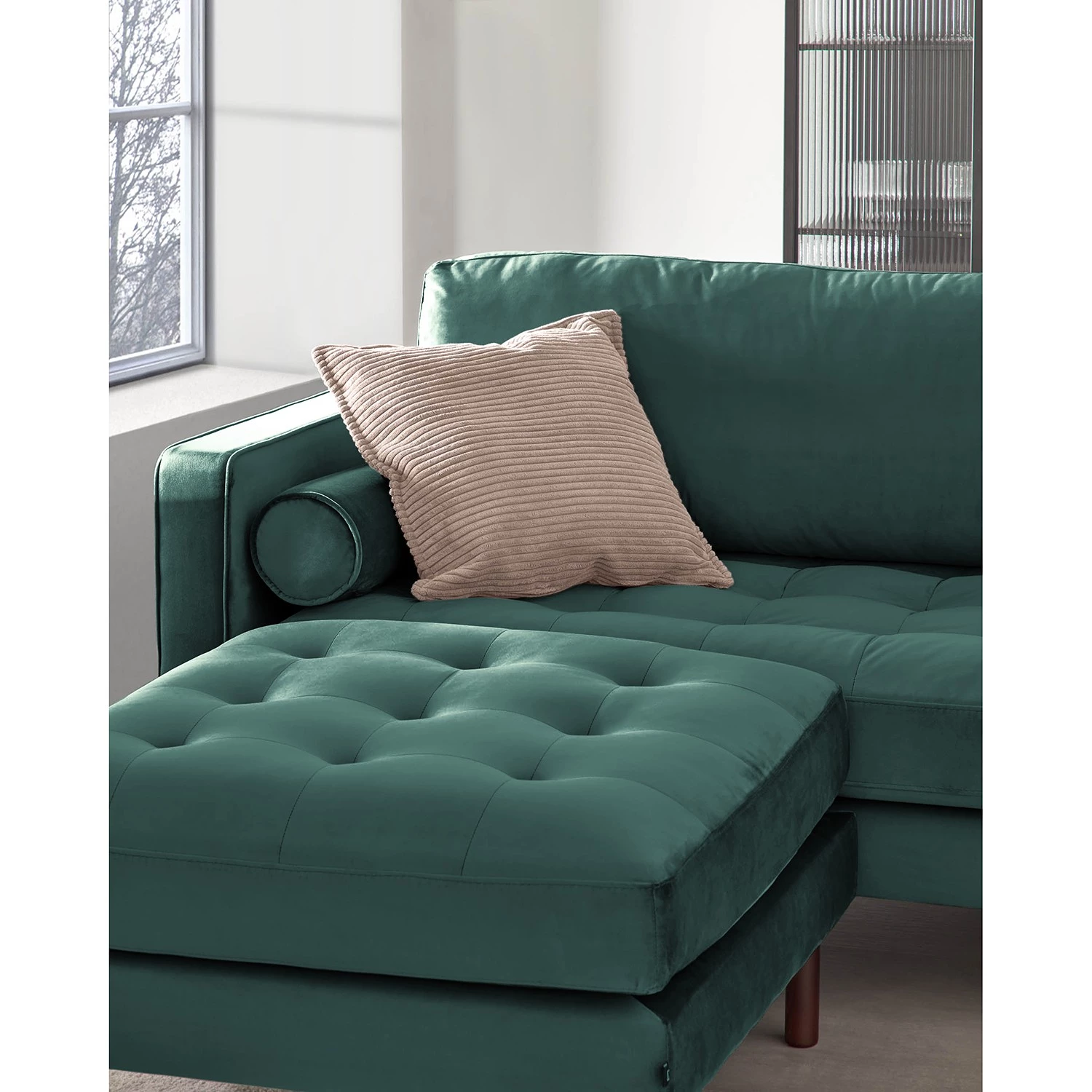 Loftscape Canapé d’angle Monza - Velours - Velours Juin: Pétrole - Largeur : 222 cm - Méridienne courte à gauche (vue de face) 4 Loftscape Canapé d’angle Monza - Velours - Velours Juin: Pétrole - Largeur : 222 cm - Méridienne courte à gauche (vue de face) – Image 4