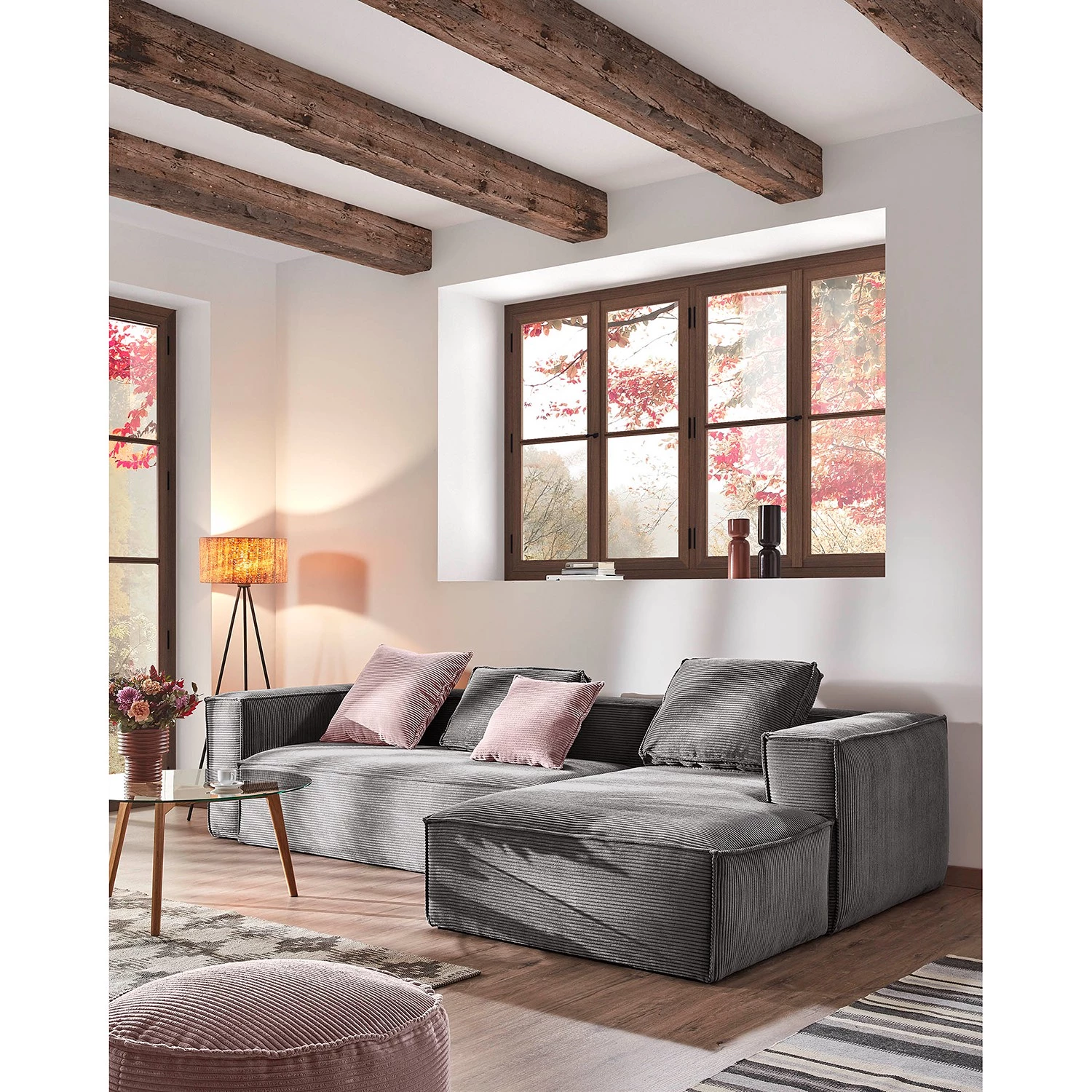 Loftscape Canapé d’angle Opre - Velours côtelé Lole: Gris clair - Méridienne courte à droite (vue de face) 2 Loftscape Canapé d’angle Opre - Velours côtelé Lole: Gris clair - Méridienne courte à droite (vue de face) – Image 2