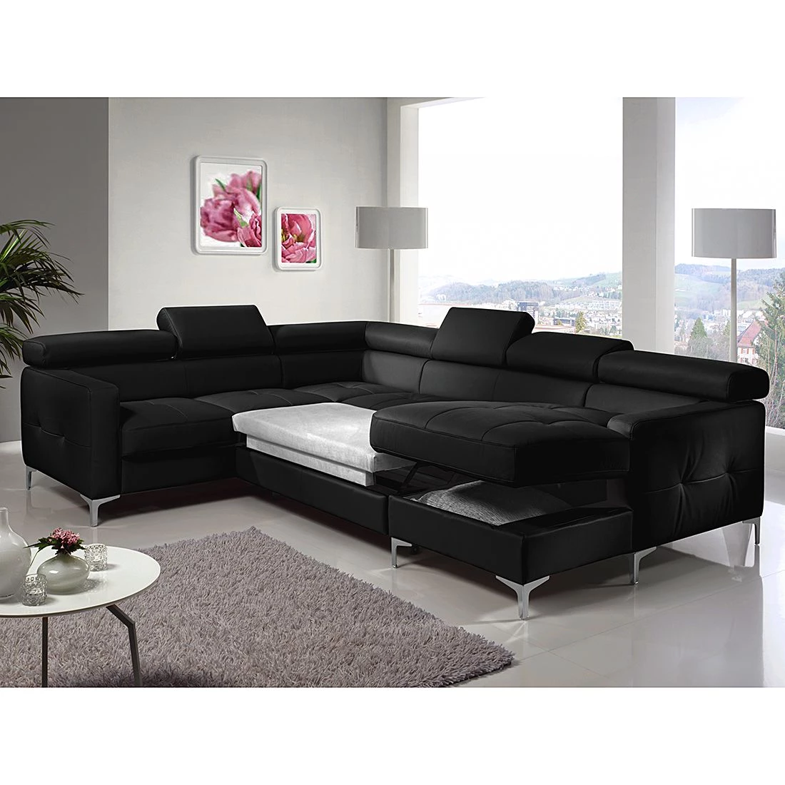 Cotta Canapé panoramique Samu (convertible) - Cuir synthétique noir - Méridienne à droite (vue de face) 3 Cotta Canapé panoramique Samu (convertible) - Cuir synthétique noir - Méridienne à droite (vue de face) – Image 3