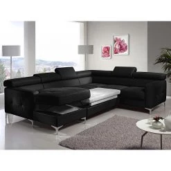 Cotta Canapé panoramique Samu (convertible) - Cuir synthétique noir - Méridienne à gauche (vue de face) -Canapés Soldes Magasin cotta 2013 08 19 teil2 260511