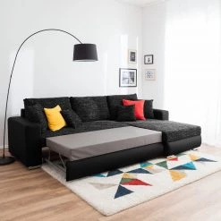 Roomscape Canapé d'angle Berrings (convertible) - Méridienne courte à droite (vue de face) -Canapés Soldes Magasin ecksofa berrings mit schlaffunktion kunstleder strukturstoff schwarz longchair davorstehend rechts 4963336