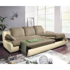 Cotta Canapé d'angle Delsbo (convertible) - Crème / Marron - Méridienne courte à droite (vue de face) -Canapés Soldes Magasin ecksofa delsbo mit schlaffunktion kunstleder flachgewebe longchair davorstehend rechts creme braun 3511469