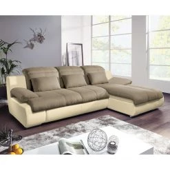 Cotta Canapé d'angle Delsbo (convertible) - Crème / Marron - Méridienne courte à droite (vue de face) -Canapés Soldes Magasin ecksofa delsbo mit schlaffunktion kunstleder flachgewebe longchair davorstehend rechts creme braun 3511481