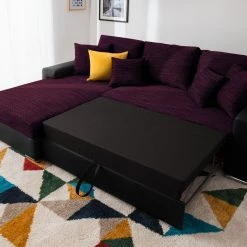 Fredriks Canapé d'angle Dulmen (convertible) - Imitation cuir / Tissu structuré - Méridienne à monter gauche ou droite - Noir / Pourpre -Canapés Soldes Magasin ecksofa dulmen mit schlaffunktion beidseitig montierbar kunstleder strukturstoff schwarz lila 4964756