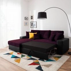 Fredriks Canapé d'angle Dulmen (convertible) - Imitation cuir / Tissu structuré - Méridienne à monter gauche ou droite - Noir / Pourpre -Canapés Soldes Magasin ecksofa dulmen mit schlaffunktion beidseitig montierbar kunstleder strukturstoff schwarz lila 4964764