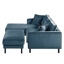 Eva Padberg Collection Canapé d'angle Edina - Bleu foncé - Méridienne courte à gauche (vue de face) - Avec repose-pieds -Canapés Soldes Magasin ecksofa edina samt longchair ottomane davorstehend links mit hocker dunkelblau 4706144