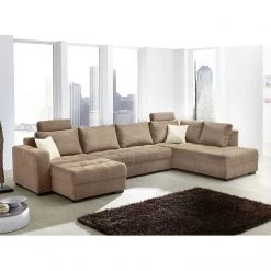 Home Design Canapé panoramique Antego (convertible) - Marron clair -Canapés Soldes Magasin wohnlandschaft antego mit schlaffunktion velours ottomane longchair beidseitig montierbar hellbraun 3197753