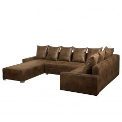 Mooved Canapé panoramique Sibenik (convertible) - Aspect cuir vieilli - Marron - Méridienne courte à droite / longue à gauche (vue de face)