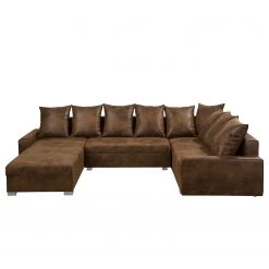 Mooved Canapé panoramique Sibenik (convertible) - Aspect cuir vieilli - Marron - Méridienne courte à droite / longue à gauche (vue de face) -Canapés Soldes Magasin wohnlandschaft sibenik antiklederoptik longchair davorstehend rechts ottomane links braun 4960352