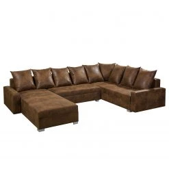 Mooved Canapé panoramique Sibenik (convertible) - Aspect cuir vieilli - Marron - Méridienne courte à droite / longue à gauche (vue de face) -Canapés Soldes Magasin wohnlandschaft sibenik antiklederoptik longchair davorstehend rechts ottomane links braun 4960368