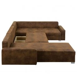 Mooved Canapé panoramique Sibenik (convertible) - Aspect cuir vieilli - Marron - Méridienne courte à droite / longue à gauche (vue de face) -Canapés Soldes Magasin wohnlandschaft sibenik antiklederoptik longchair davorstehend rechts ottomane links braun 4960392